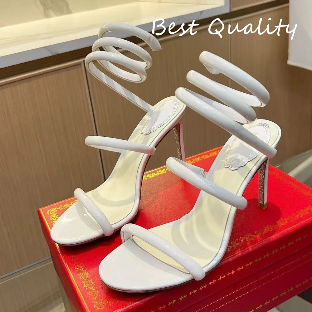 

Women's Simple Real Leather Shoe Stiletto heels Snake Wrapped Ankle Strap Sandalias Party Banquet Dress Shoes Party Shoe