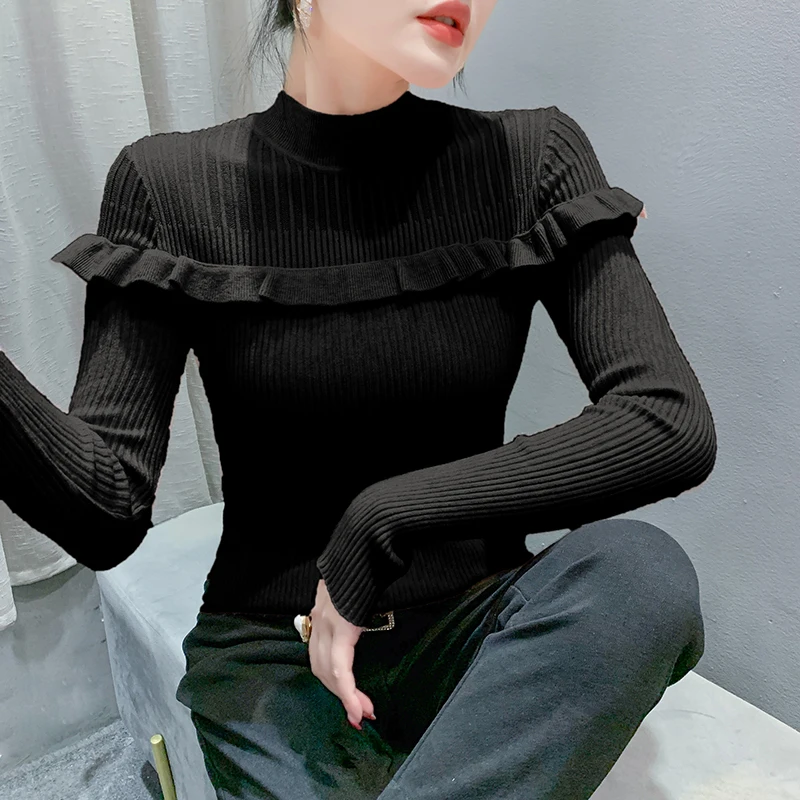 

Black,Korean,Style,Fall,Winter,Knitted,Sweater,Fashion,Sexy,O-Neck,Patchwork,Ruffles,Women,Long Sleeves,Tops,2025,New,411408