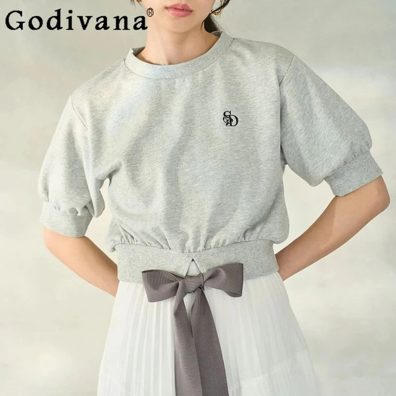 

Summer New Cute Versatile Grey Short Tops Women's Japanese Sweet Daily Bow Strap Slim-Fit Elegant Short-sleeved T-shirt Pullover