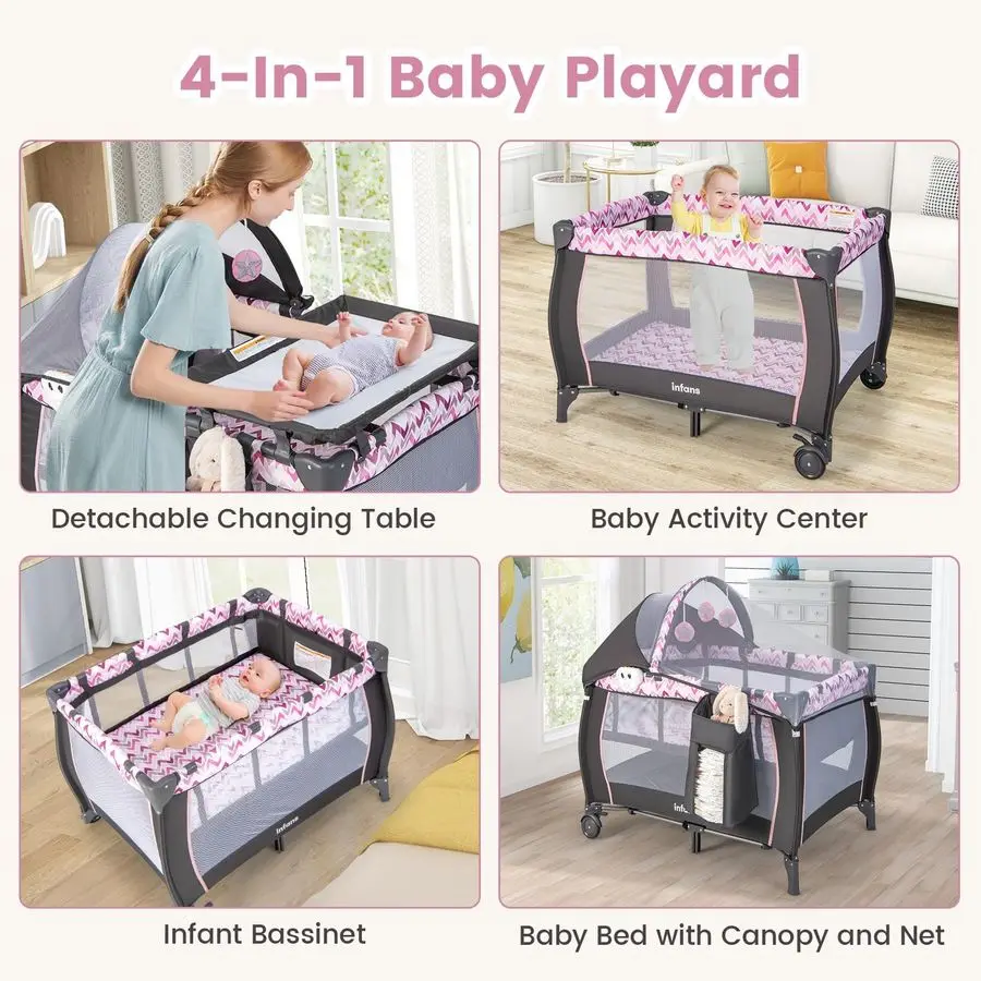 عبوة ولعب 4 في 1، لعبة أطفال محمولة للسفر مع سرير، طاولة تغيير، مظلة، ناموسية، ألعاب معلقة، صندوق تشغيل الموسيقى،