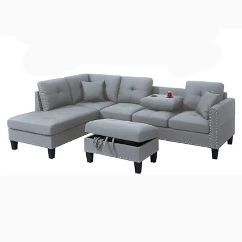 

Sectional Sofa Set Include Storage,Cup Holder,Reversible Recliner Couch For Dorm Apartment, Gray Luxury Bedroom Set Furniture