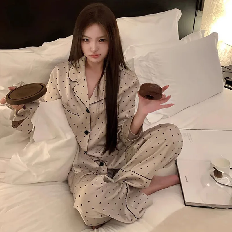 French Style Ice Silk Sweet Women Polka Dot Print Long Sleeve Pants Set Plus Size Pajamas Skin-friendly and comfortable homewear
