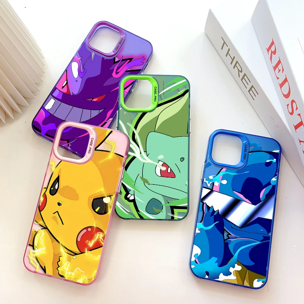 Cartoon Anime Pokémons Phone Case for IPhone 13 12 11 15 14 Pro Max Plus Lens Creative Border Silver Plated Inside Hard TPU