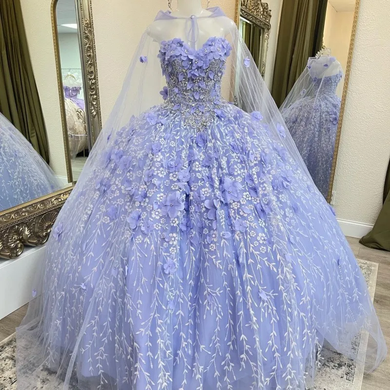 

Lavender Quinceanera Sweet 16 Dresses Lace Applique 3DFlower With Cape Off Shoulder Lace-up Prom Ball Gowns Graduation