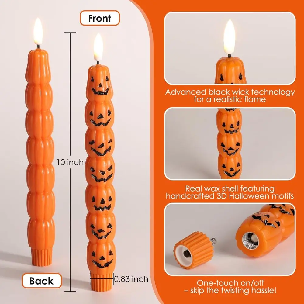 Pumpkin Halloween Taper Candles with Remote, Lickering Spooky LED Wax Candlesticks Battery Operated, Set of 2