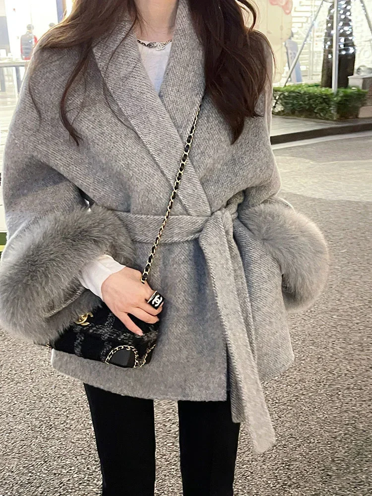 BZVW High End Double-sided Wool Strapping Coat Women's Removable Cuffs Fox Fur Temperament Double-sided Cashmere Short Jacket