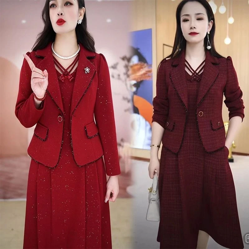 

Высококачественный комплект из двух предметов для матери среднего возраста, женский комплект из двух предметов, осень-зима 2021, новый темпераментный пиджак + платье для похудения, элегантный комплект
