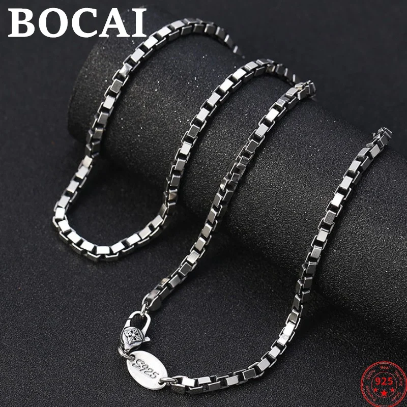 

BOCAI S925 Sterling Silver Necklace Vajra Pestle Six Syllable Mantra 2.2mm 3.5mm Box-Chain Men's Pure Argentum Charm Jewelry