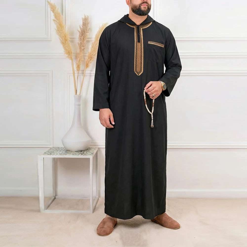 Moroccan men's thobe long sleeve embroidered hooded Muslim men's abaya Islamic loose Jelleba Saudi Arabian traditional clothing