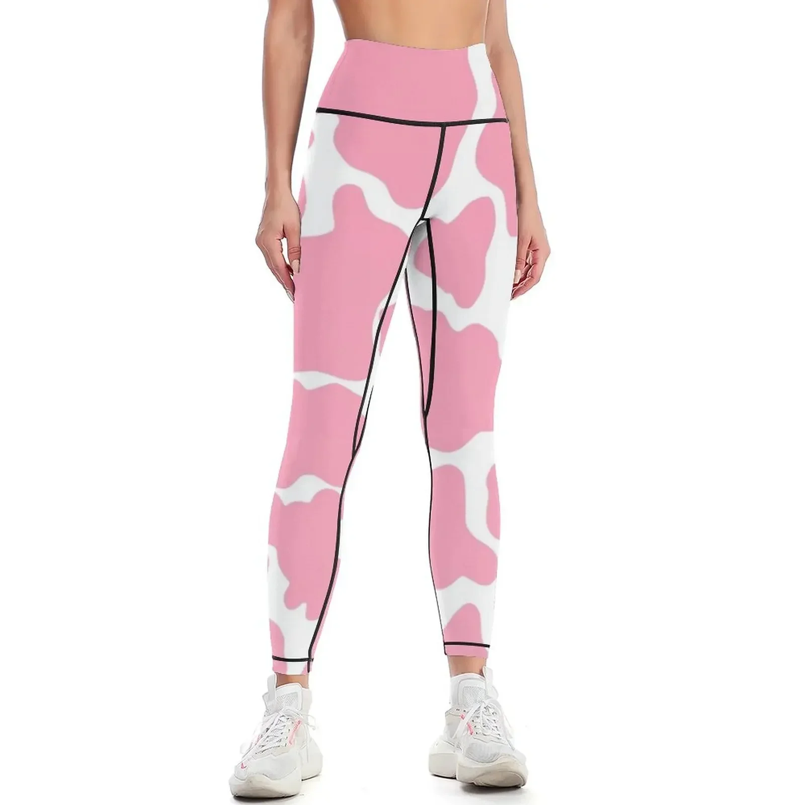 Legginsy w różowo-białe krówki, odzież sportowa, spodnie do ćwiczeń, odzież aktywna, legginsy damskie z wysokim stanem.