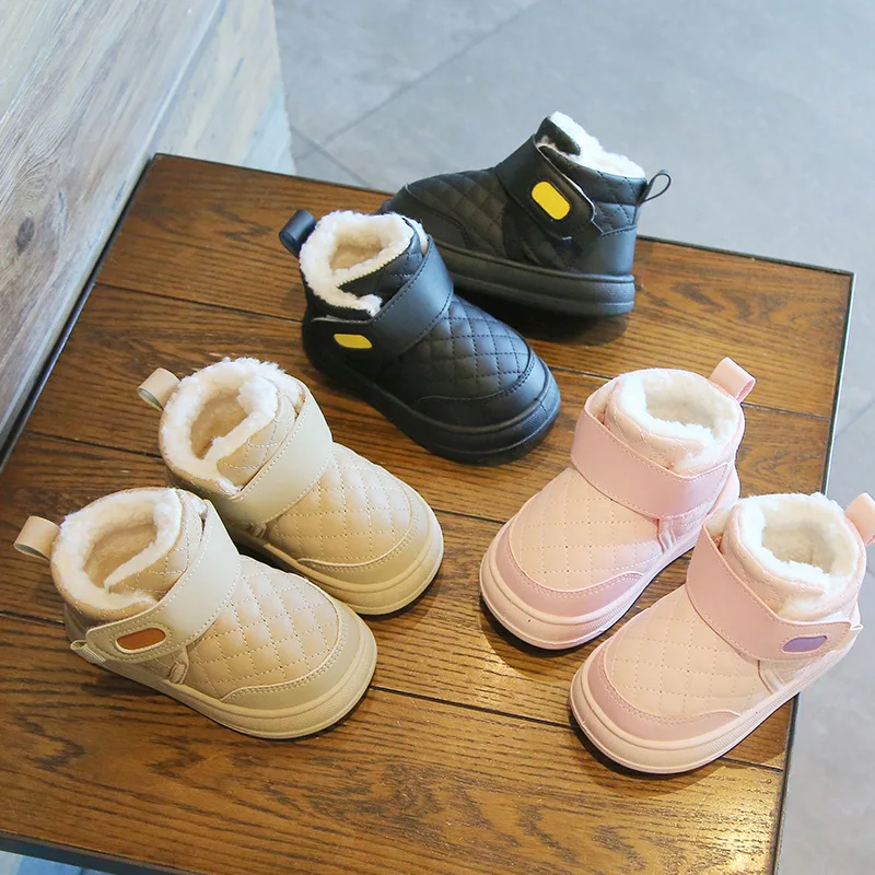 

Детская повседневная обувь, зимние сапоги, однотонные зимние туфли из искусственной кожи на плоской подошве для детей, нескользящие, сохраняющие тепло, белые, черные, размер 21-32