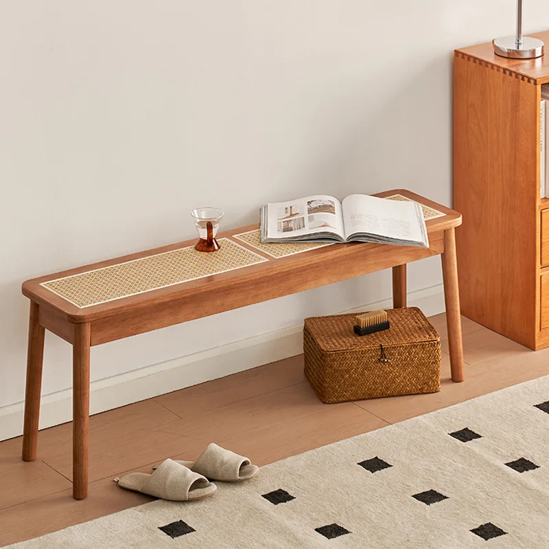 

Long bench, solid wood rattan bench, home dining room rectangle, vintage style bedroom foot-end couch, shoe-changing bench