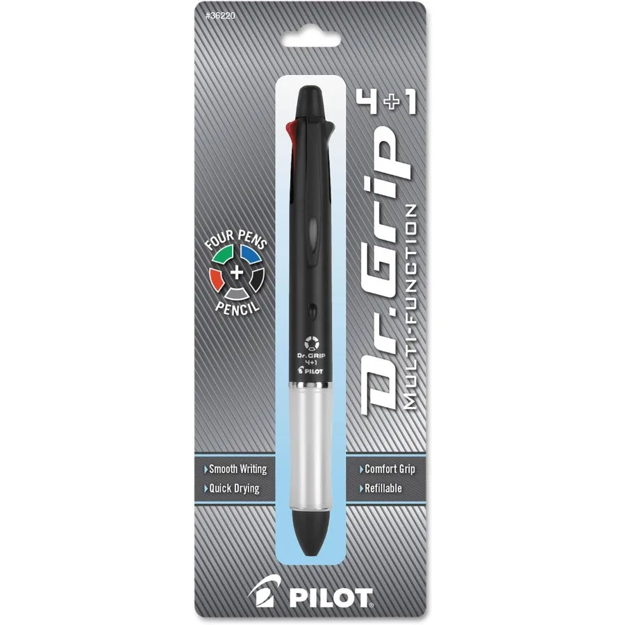 PILOT Dr. Grip 4+1 Multi-Function Refillable Retractable Ballpoint Pen with Pencil Fine Point Black Barrel Offers Black/Red/Blu
