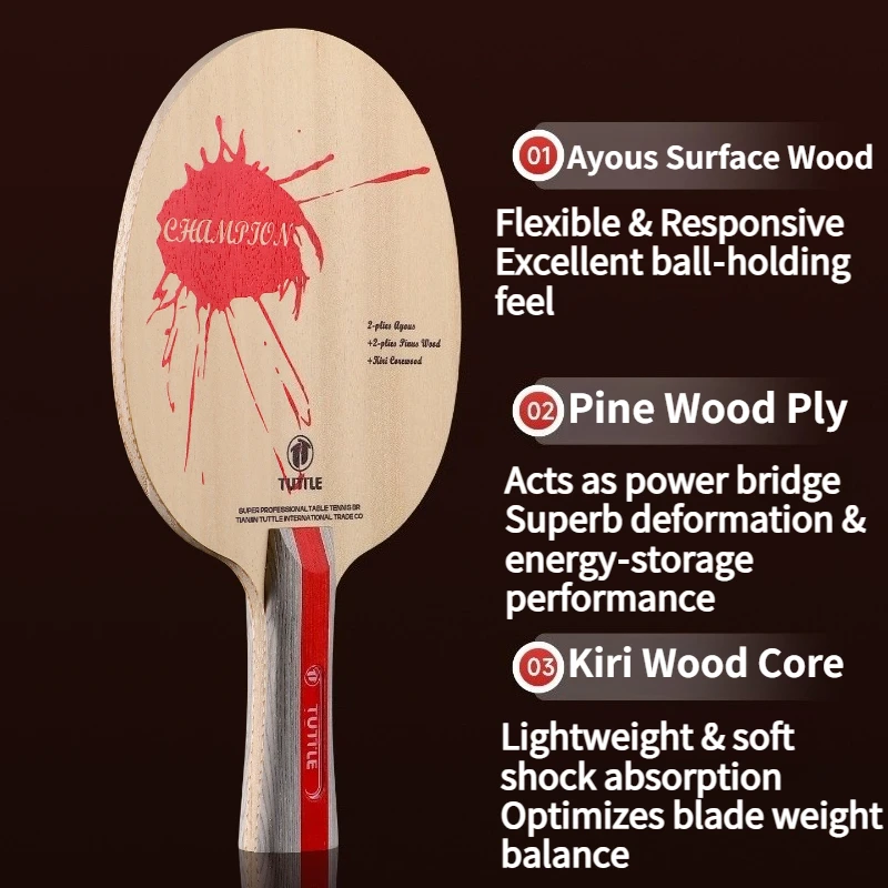 TUTTLE Champion Road 5‑Ply Pure‑Wood Table Tennis Racket Blade FL Handle Easy Control for Kids Adults All‑Round Ping Pong Paddle