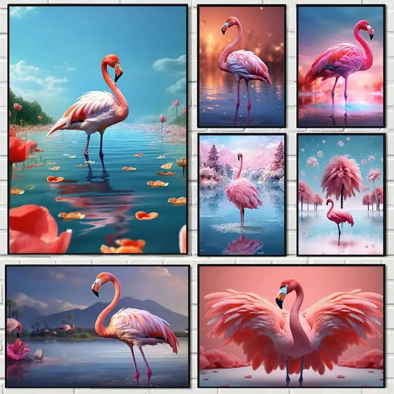 Beautiful Pink Flamingo Landscape Canvas Painting  Animal Bird Wall Art Poster Print for Living Room Home Decor