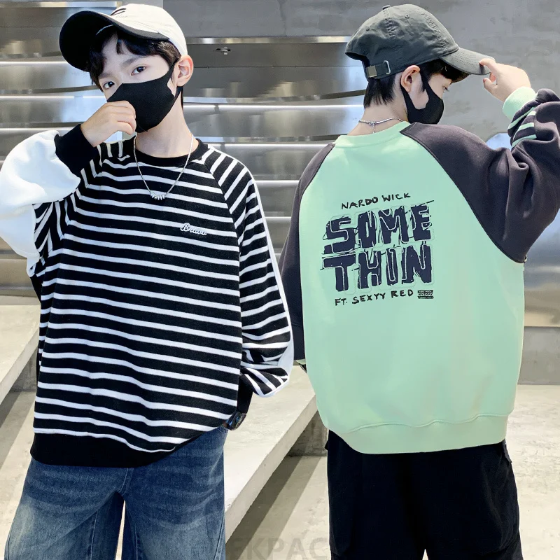 

5 To 14 Years Korean Children's Spring Autumn Sweatshirt for Teen Boy Casual Striped Hoodie Outfit Kids Cotton Pullover Tee Tops