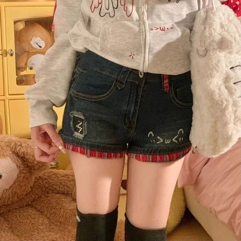 Afbeelding 3: Amerikaanse vintage korte jeans dames casual lage taille denim noodlijdende bodycon Y2K streetwear kawaii retro knop zomer patchwork