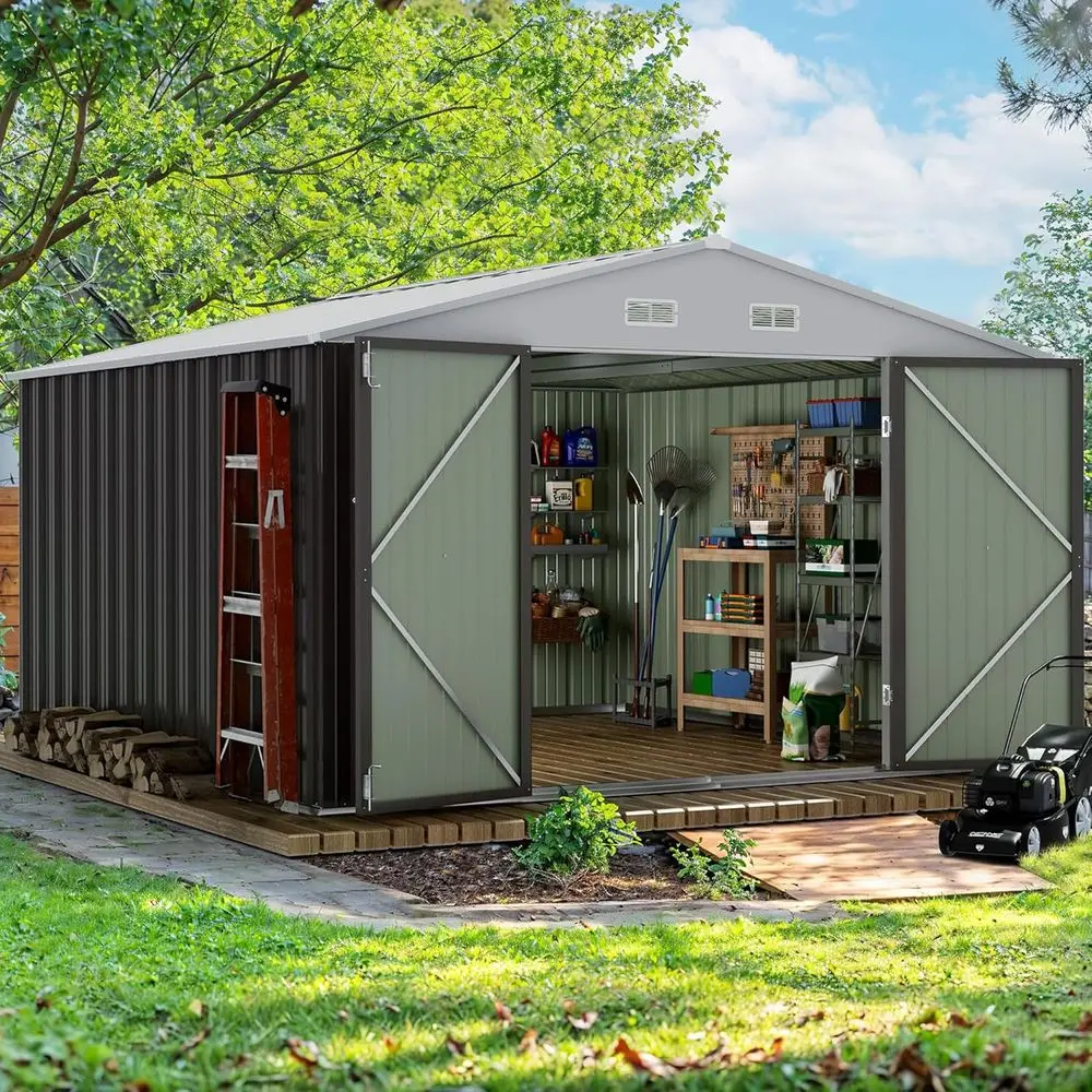 

10' x 10' Outdoor Storage Shed, Metal Garden Shed, Large Tool Storage with Lockable Door for Patio and Backyard (Gray)