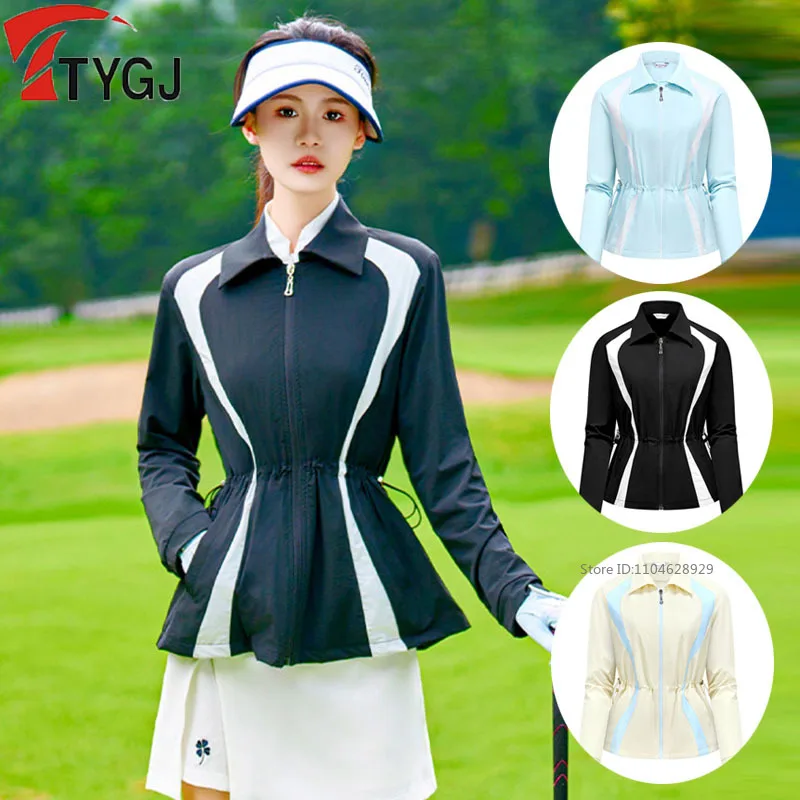 TTYGJ Golf Women Trench Coat Autumn Spring Windproof Jacket Golf Clothing Zipper Drawstring Sports Tennis Tops Windbreaker