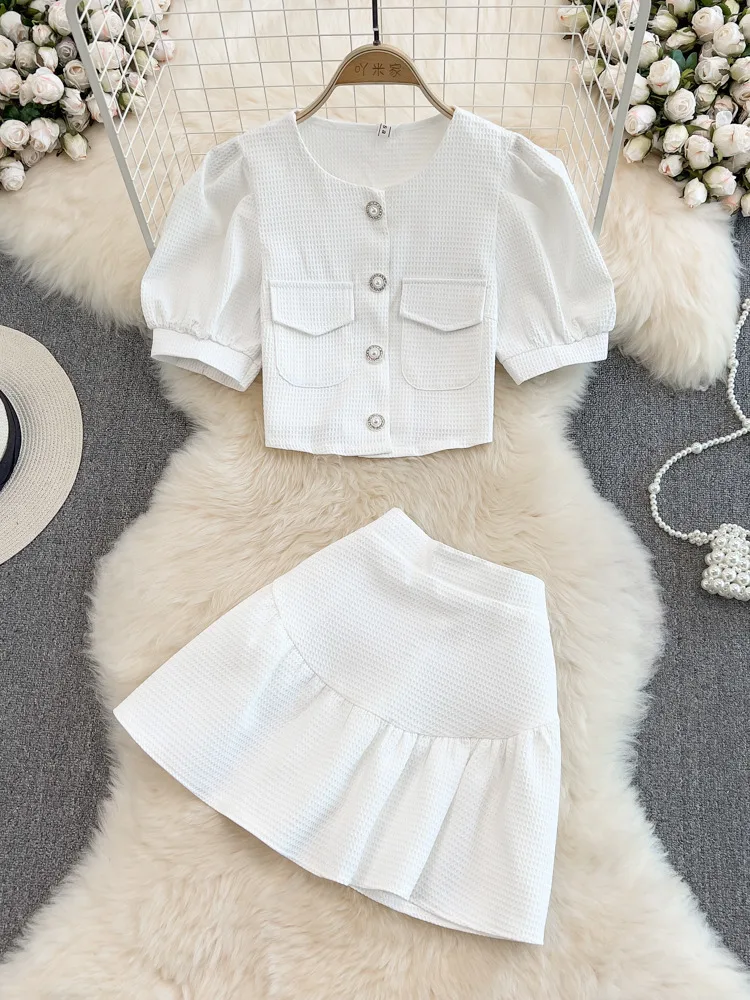 

Женский летний костюм из двух предметов, элегантный однобортный Топ с круглым вырезом и жемчужинами и юбка с высокой талией