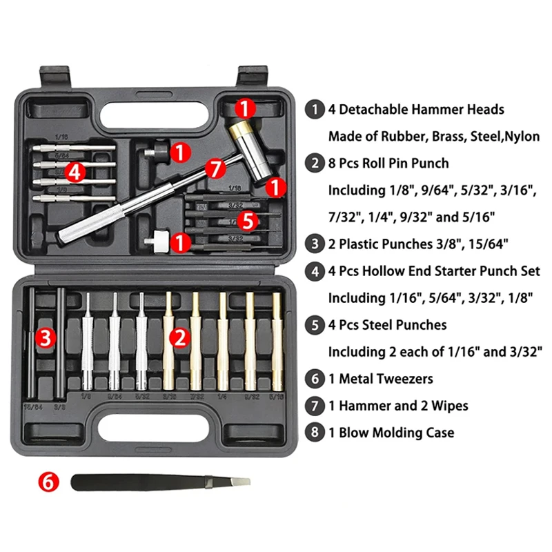 Imagem -02 - Dual-sided Roll Pin Punch Grupo Kit de Ferramentas Manuais Portáteis Armeiro Profissional Martelo de Bronze O50 21 Pcs