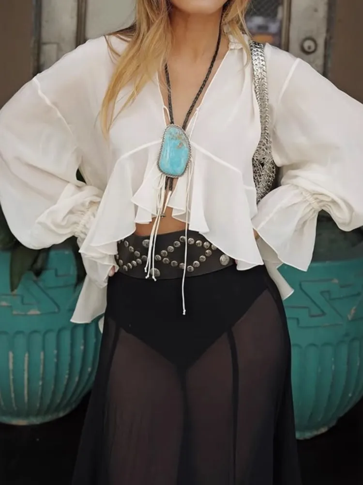 

Модная белая рубашка с оборками, топ для женщин, повседневная свободная рубашка с v-образным вырезом и длинными рукавами на шнуровке, женская праздничная женская одежда, весна