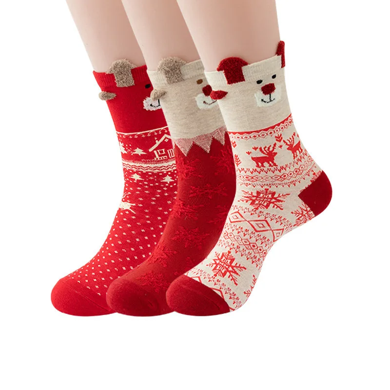 

3 Pairs Christmas Socks Women Cute Santa Claus Autumn Winter Elk Female Mid-Calf Socks Festival Kawaii Merry Christmas Sock ﻿