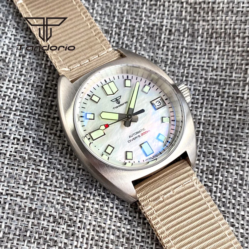 Tandorio Fashion NH35A Mother of Pearl Dial 36mm 200M Dive Automatic Watch for Men Lady Double Domed AR Sapphire Nylon Strap