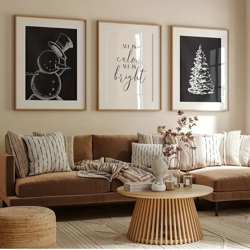 

3pcs/Set Black Winter Snowman Poster Winter Pine Tree Decor Family Bedroom Wall Decor Christmas New Year Gift Art Piece Canvas