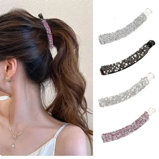 Diamond Pearl Pan Hair Banana Clip Women's Light Luxury Full of Diamonds High-end Fashion Ponytail Clip Hairpin