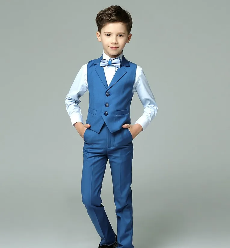 Boys Wedding Suit Baby Kids Vest Shirt Pants Bowtie 4PCS Photography Suit Child Birthday Ceremony Costume Teenager School Set
