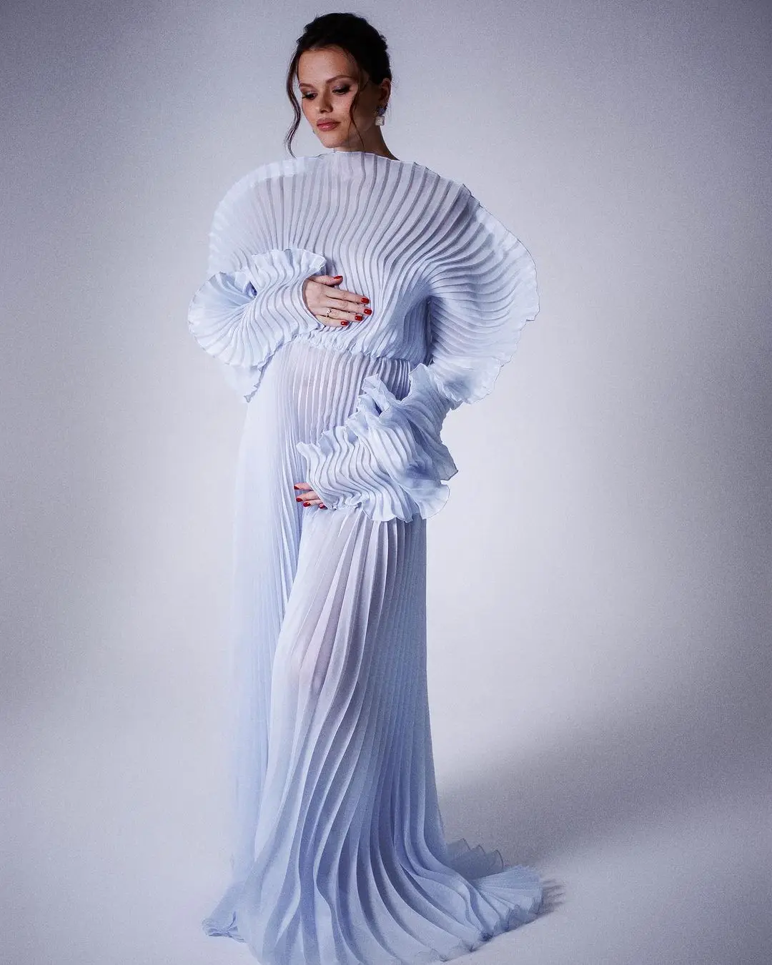 Light Blue Pleated Maternity Dresses for Photoshoot Illusion Pleated Organza Puff Sleeves Maternity Gown Babyshower Dress Custom