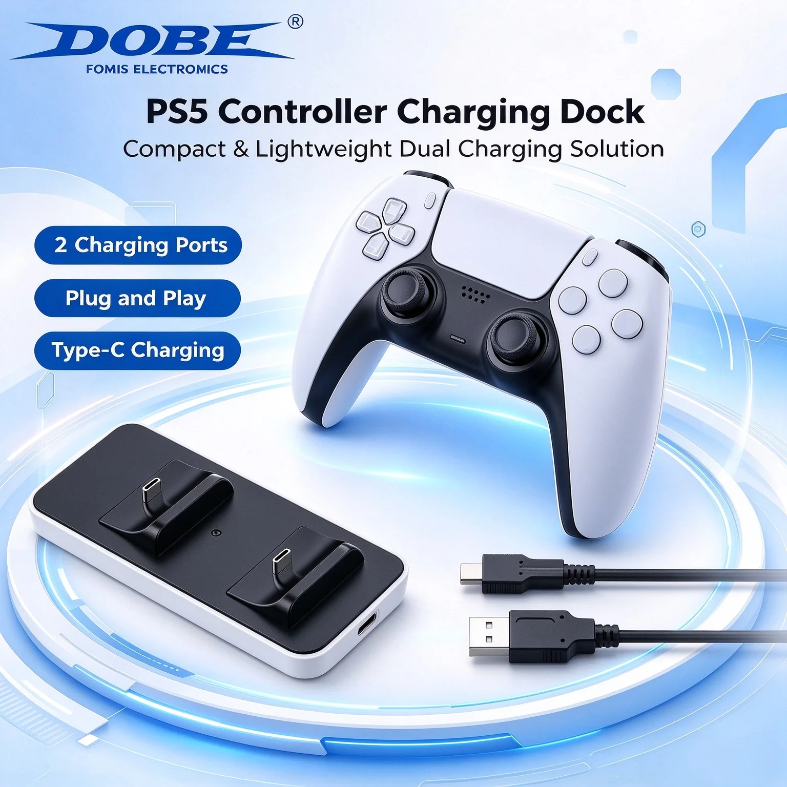 PS5 Controller Charging Dock, Dual Type-C Charging Station, Compact Lightweight,For PS5 Gamepad Charger Stand Accessories