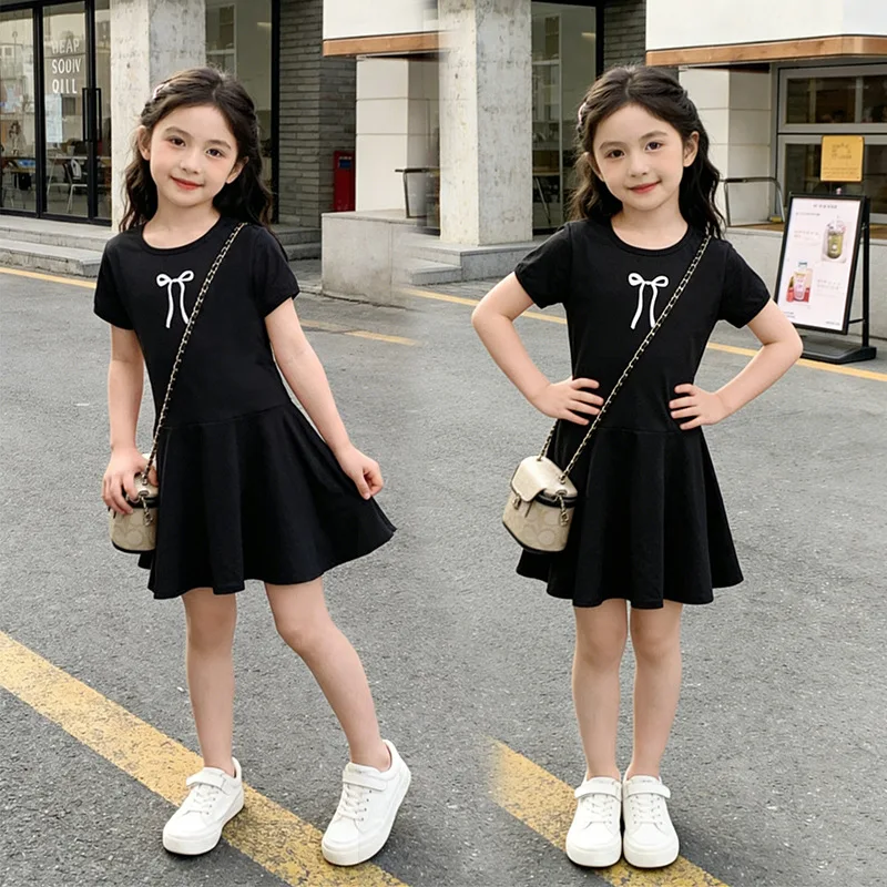 2026 new teenager Summer Kids girls bow SHORT SLEEVE Fitted Dresses Formal Princess Children party A-LINE 4 8 9 6 10 12 13 Years