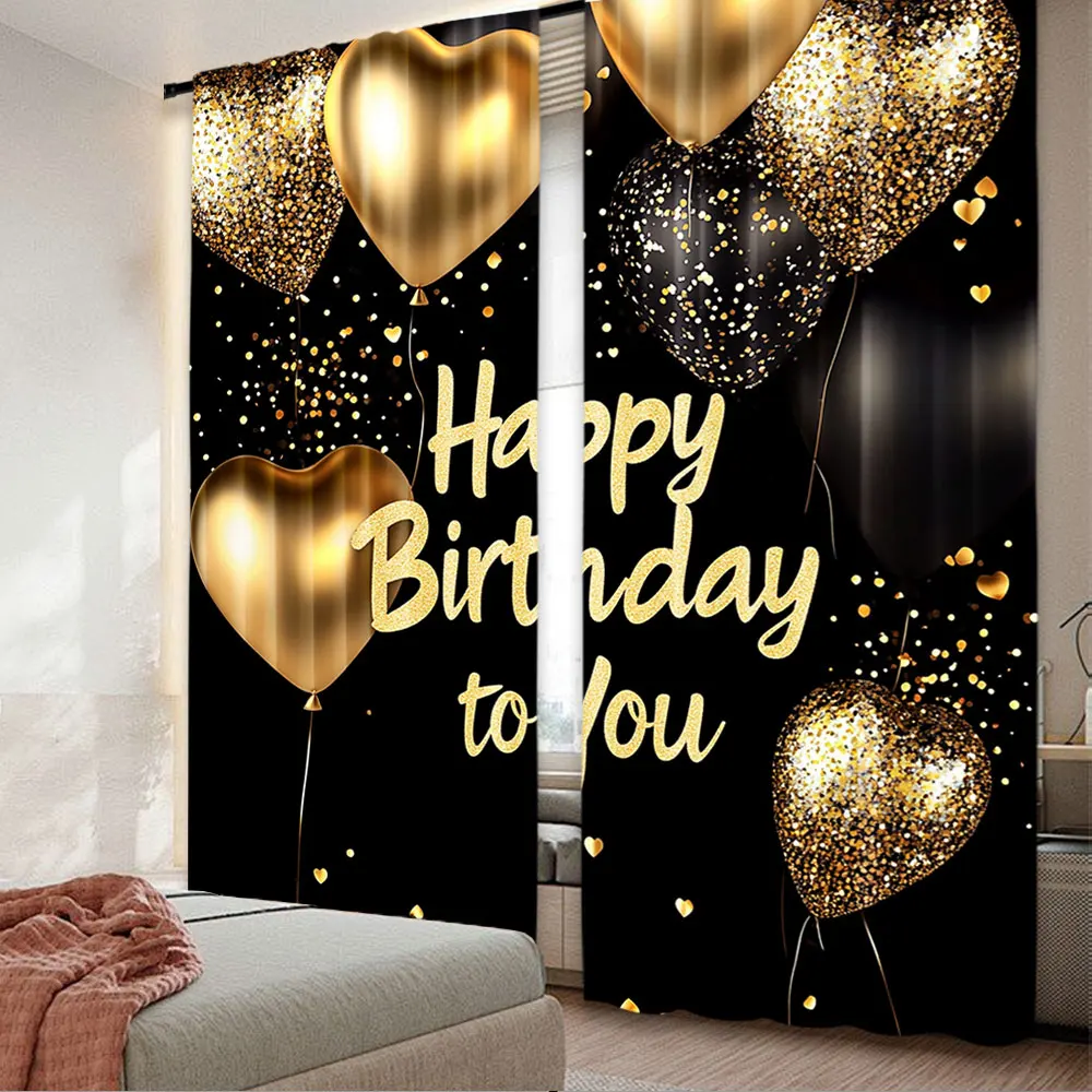 2Pcs Happy Birthday Curtain Feet Black Gold Polka Dots Heart Party Suitable For Living Room Bedroom And Many Other Occasions