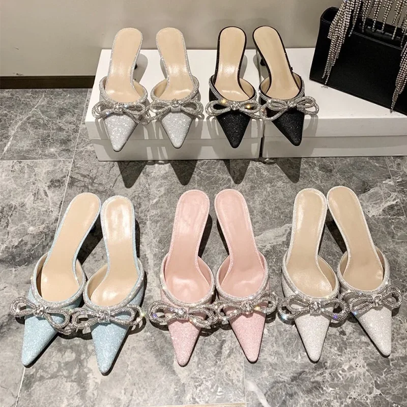 2024 Women Sandals Summer Shoes Luxury Crystal Bowknot Slippers High Heels Mules Slides Ladies Party Wedding Shoes