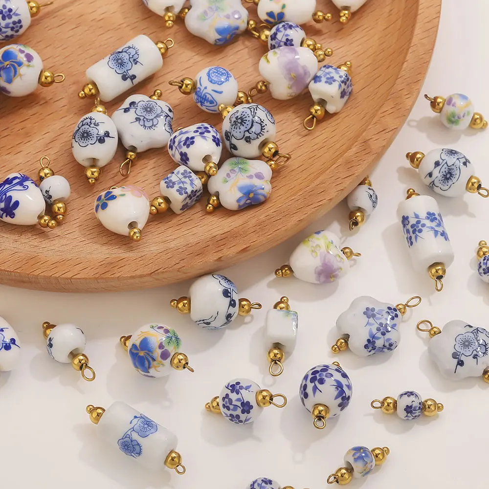 

5pcs Blue Printed Ceramic Pendants Elegant Heart DIY Women's Earrings Necklaces Bracelets Jewelry Making Accessories Wholesale