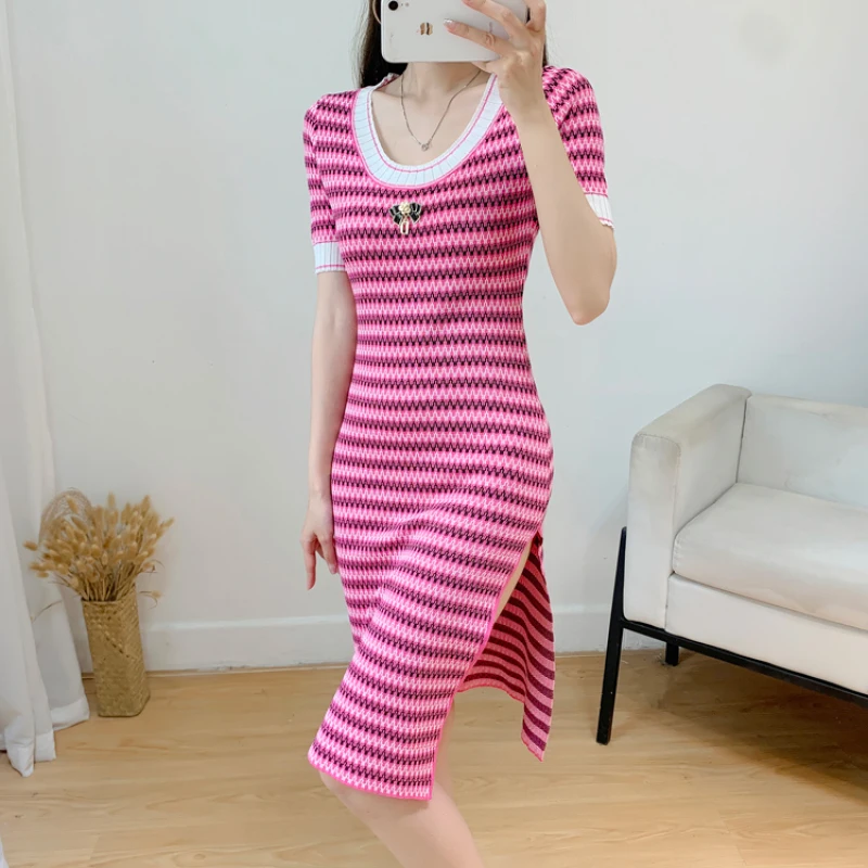 French Knitted Split Dress Women Summer Slim Casual Bodycon Midi Red Dress