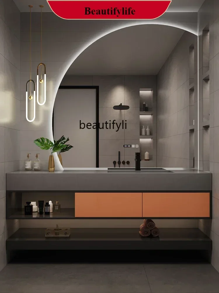 B567  Modern Light Luxury Stone Plate Bathroom Cabinet with Seamless Ceramic Whole Wash Basin Face Wash Combination - White