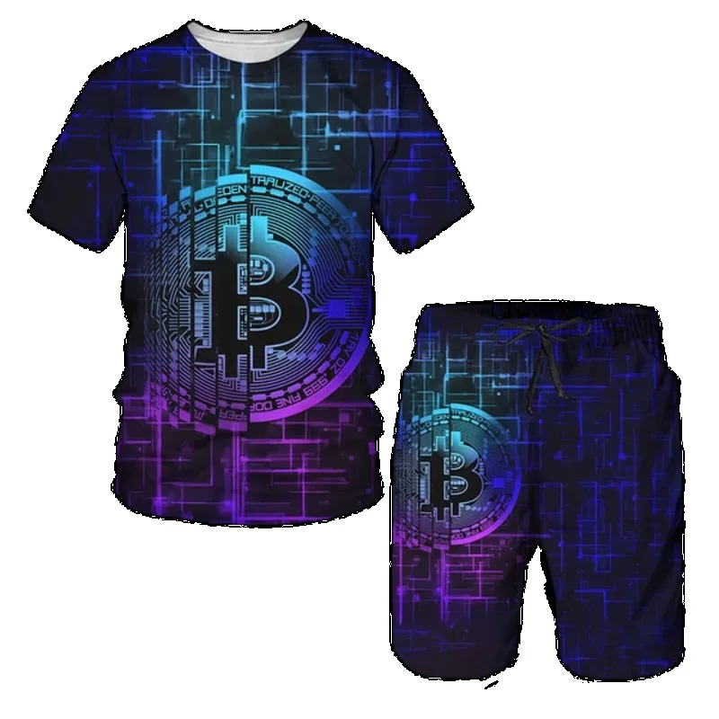Set Kaos Lengan Pendek Oversize Pria 2025 Pakaian Olahraga Setelan Camping Kaos & Celana Pendek Cetak 3D Bitcoin Modis