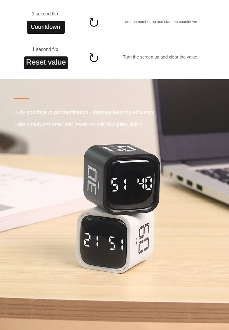 Produktivitätswürfel-Timer, Schwerkraftsensor, umdrehbare LED-Anzeige, 4 voreingestellte Zeit, Dual-Modi, Countdown, Kochstudie, Mini-Digital-Timer – Detail 2