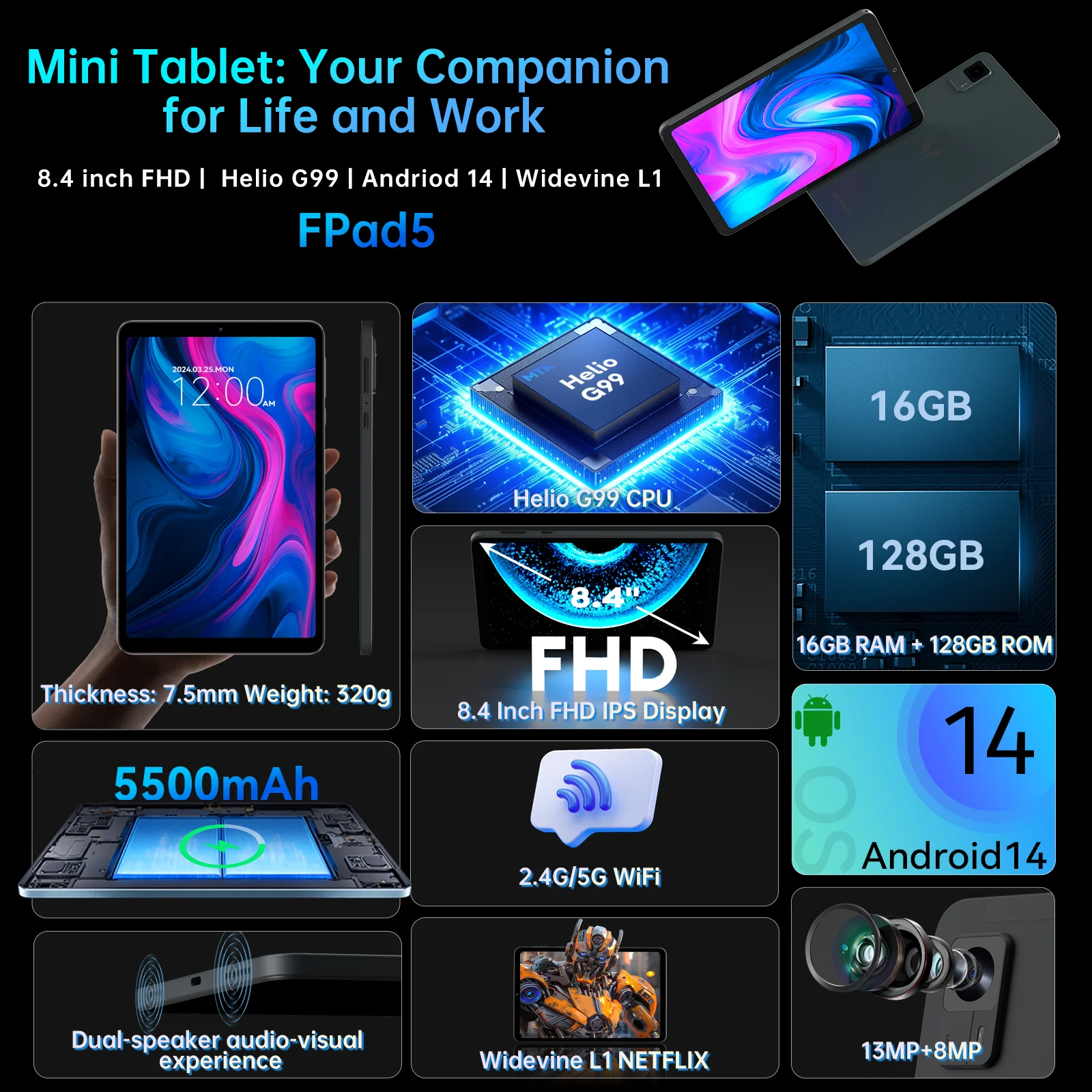 แท็บเล็ตเกมมิ่ง HEADWOLF FPad5 ระบบปฏิบัติการ Android 14 หน้าจอ 8.4 นิ้ว แรมสูงสุด 16GB ความจุ 128GB UFS2.1 ชิปประมวลผล Octa-core MTK G99 แบตเตอรี่ 5500 mAh รองรับ WideVine L1