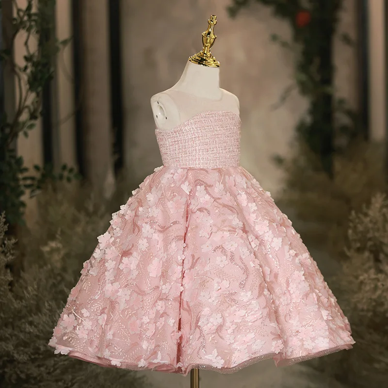 2024 Pink Flower Sweet Dress Girl's Ceremonial Costumes Sleeveless Gala Dresses for Girls Solid Fancy Children Prom Vestidos ﻿