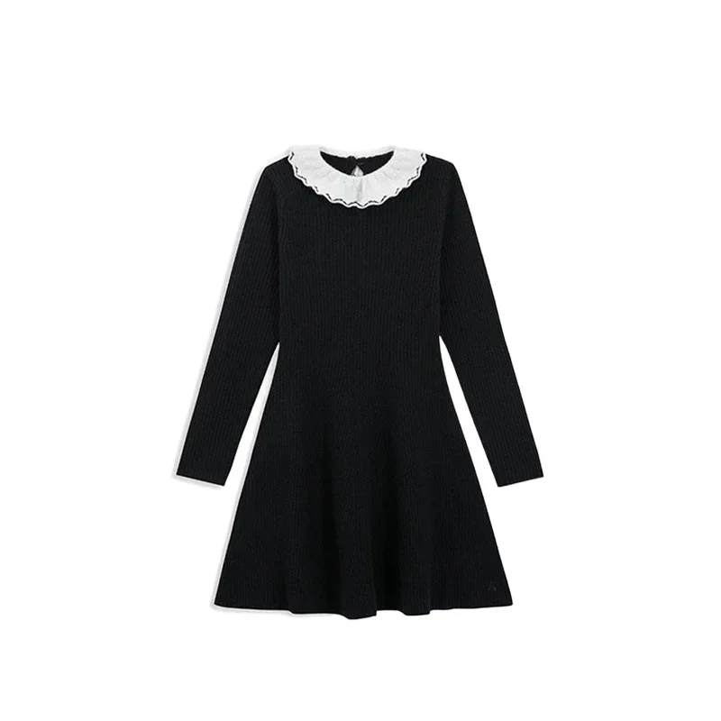 

24 New BP College Style Girls' Long Sleeved Dress, Wool Blended Knitted Skirt, Little Girl's White Ruffle Collar Dress, Winter