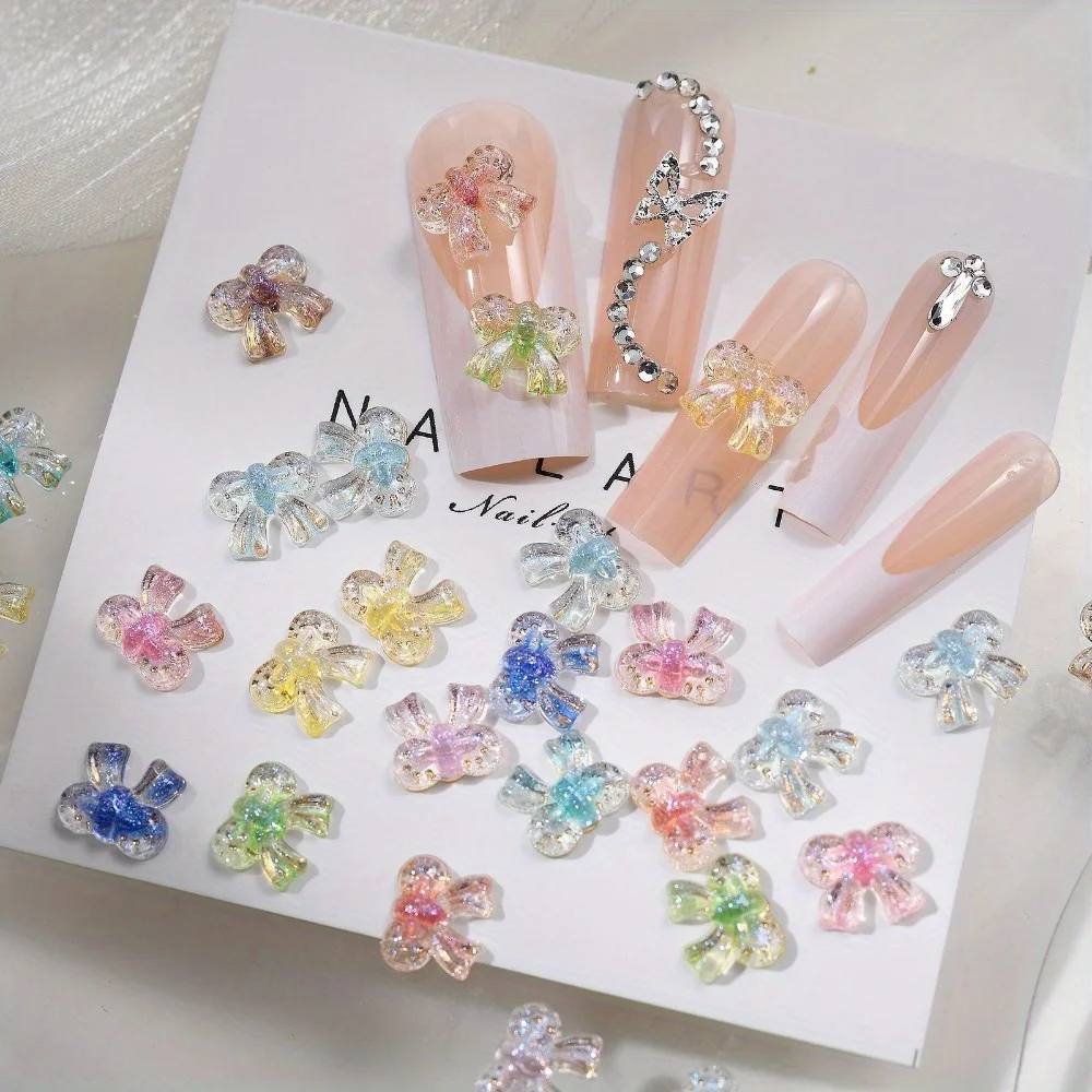 50pcs Ice Transparent Gold Bowtie Nail Art Accessories Cute 3D Acrylic Sparkling Ribbon Bow Diy Nail Hairpin Decor Accessory