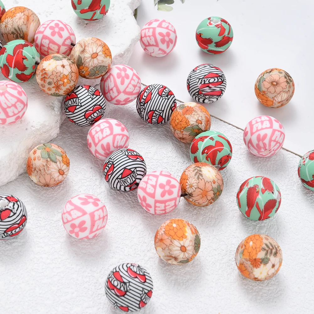 10Pcs 15mm Silicone Rounds Bead Flower Mother Bird Printed Bead For DIY Handmade Necklaces Bracelets Pacifier Chains Making
