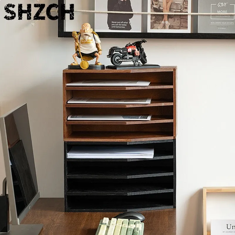 Solid Wood Desktop File Organizer Letter Tray Layered Storage Rack Office Paper Holder