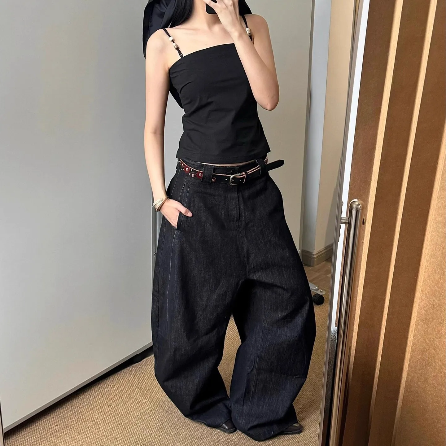 Black Jeans  for Women Y2K Vintage High Waisted Jeans Straight Streetwear Loose Large Wide Leg Denim Pants
