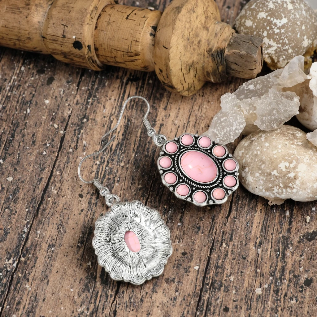 Pink Turquoise Earrings for Women Coral Western Dangle Earrings with Concho Stone - Turquoise Squash Blossom