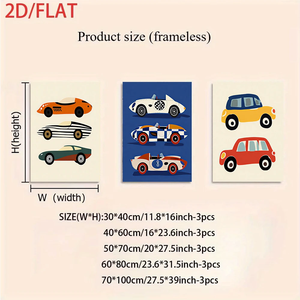 1 set of modern cartoon car triptych frameless decorative paintings, simple art paintings, 2D plan